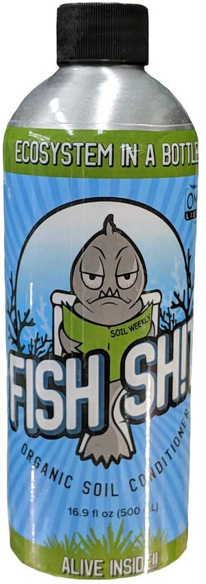 16.9 oz bottle of Fish Shit organic soil conditioner with a cartoon fish reading a newspaper on the blue label.