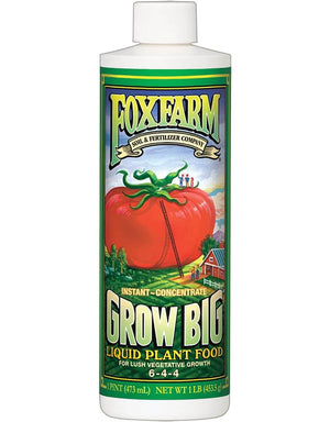 White bottle of FoxFarm Grow Big liquid plant food with a giant red tomato graphic and 6-4-4 NPK ratio.