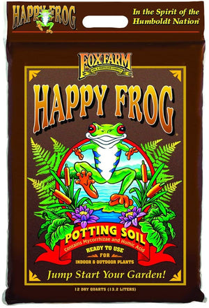 Brown bag of FoxFarm Happy Frog potting soil with a frog illustration, featuring mycorrhizae and humic acid.