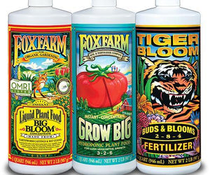 Three 1-quart bottles of FoxFarm liquid fertilizer: Big Bloom, Grow Big, and Tiger Bloom in a row.