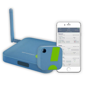 Blue WiFi gateway and sensor next to a smartphone screen displaying temperature and humidity data in an app.