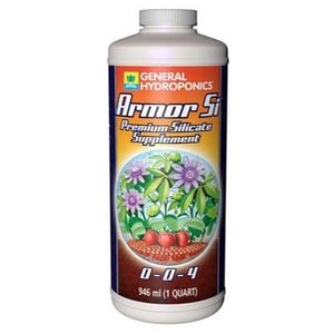 General Hydroponics Armor Si bottle showing 0-0-4 NPK ratio, plant and strawberry illustration on a 1-quart bottle.