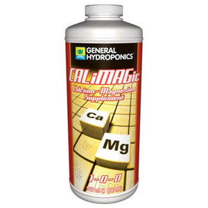 General Hydroponics CaliMagic quart bottle with red label, featuring Ca and Mg cubes on a grid background.