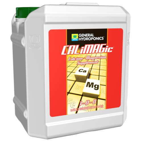 White plastic jug of General Hydroponics Calimagic with a green cap and a red label featuring chemical element blocks.
