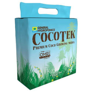 Blue 5kg block of General Hydroponics Cocotek coco growing media featuring a palm tree design and OMRI listed badge.