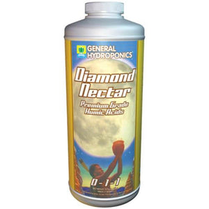 A 1-quart bottle of General Hydroponics Diamond Nectar with a yellow label showing a person holding a pot.