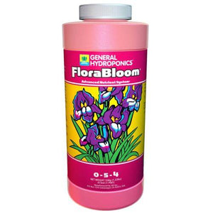 Pink bottle of General Hydroponics FloraBloom liquid fertilizer with purple iris flower graphic on yellow background.