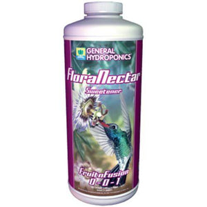White bottle of General Hydroponics FloraNectar Fruit-n-Fusion, showing a hummingbird and flower graphic label.
