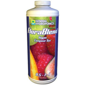 White plastic bottle of General Hydroponics FloraBlend vegan compost tea featuring fruit graphics, front view.