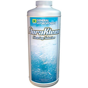 White bottle of General Hydroponics FloraKleen with blue bubble background graphics against a plain white background.