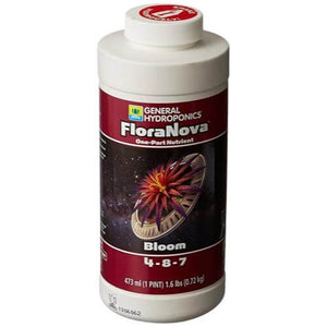 473ml bottle of General Hydroponics FloraNova Bloom 4-8-7 nutrient with a dark label featuring a colorful flower.