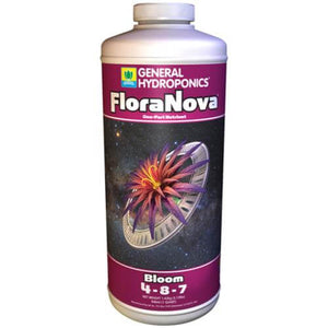 White bottle of FloraNova Bloom 4-8-7 nutrient with a purple label featuring a space-themed flower graphic.