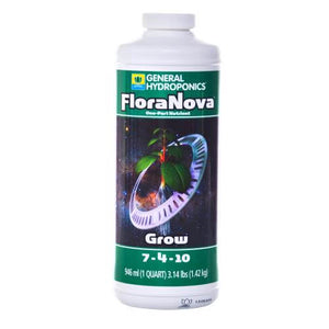 A 946ml bottle of General Hydroponics FloraNova Grow nutrient with a space graphic and 7-4-10 NPK ratio on label.