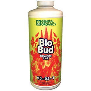 General Organics Bio Bud bottle, yellow label with red flower graphics, white cap, 0.5-0.1-1 NPK ratio visible.