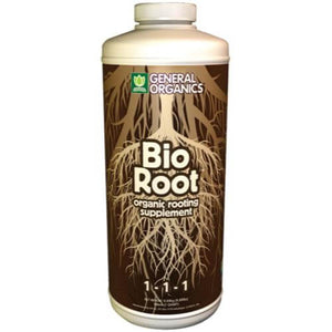 Brown bottle of General Organics Bio Root supplement with a white cap and graphic of plant roots on the label.