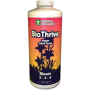 Quart bottle of General Organics BioThrive Bloom 2-4-4 fertilizer with a pink and orange gradient flower label.