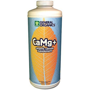General Organics CaMg+ bottle with blue label and large orange leaf graphic on a white background.