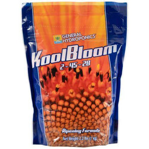 2.2lb pouch of KoolBloom 2-45-28 powder, featuring blue and orange packaging with a plant ripening graphic.