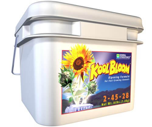 White plastic 16lb bucket of General Hydroponics KoolBloom powder with sunflower illustration and 2-45-28 NPK label.