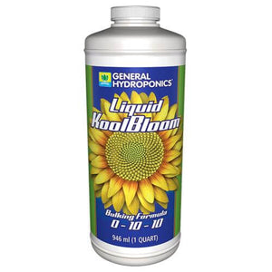 A 946ml bottle of General Hydroponics Liquid KoolBloom with a yellow sunflower graphic and 0-10-10 NPK ratio.