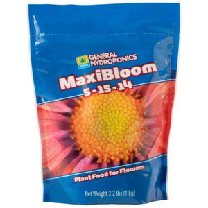 Blue 2.2lb pouch of MaxiBloom 5-15-14 fertilizer for flowers featuring a close-up image of a blooming flower.