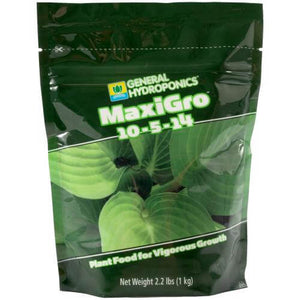 Dark green, 2.2 lb resealable pouch of General Hydroponics plant food with 10-5-14 NPK and green foliage graphic.