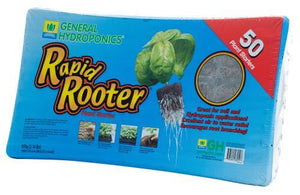 Blue package of 50 plant starters with graphics showing basil seedlings and root development for hydroponic use.