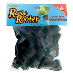 Clear plastic bag containing 50 dark brown, porous organic growing plugs for seed starting and cuttings.