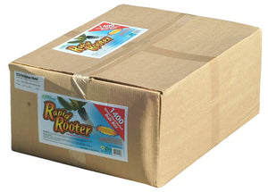 Large, brown cardboard bulk box of Rapid Rooter plant starters with branding labels on top and side.