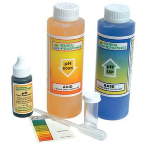 General Hydroponics pH control kit with orange pH Down, blue pH Up, test indicator, vial, dropper, and color chart.