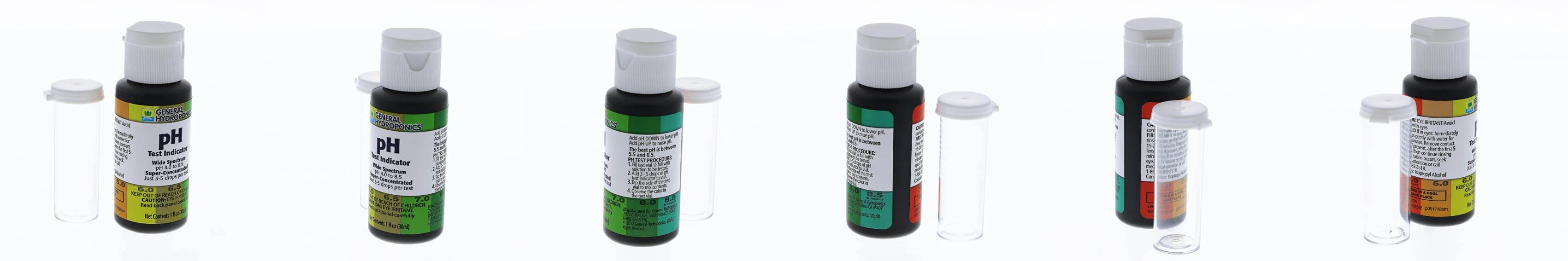Six dropper bottles of pH Test Indicator shown at various angles with accompanying clear test vials.