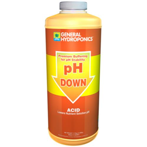 A quart bottle of General Hydroponics pH Down liquid with an orange and yellow label featuring a downward arrow.