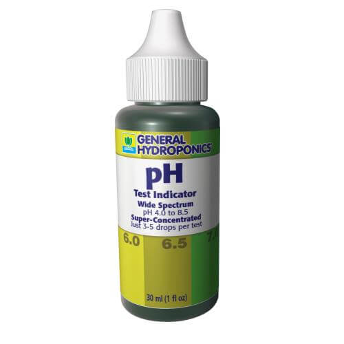 General Hydroponics 30ml pH test indicator bottle with color-coded scale from 6.0 to 7.0 on the label.