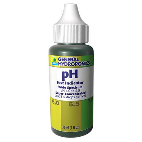 General Hydroponics pH test indicator in a 30ml dropper bottle with a color-coded pH scale label.
