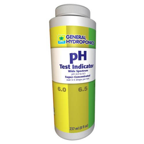 General Hydroponics pH Test Indicator bottle with a color-coded chart ranging from 6.0 to 6.5. 237ml size.