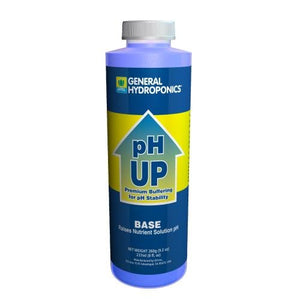8oz bottle of General Hydroponics pH Up with a blue and yellow label, white cap, and light purple liquid inside.