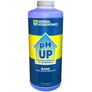 One quart blue bottle of General Hydroponics pH Up base solution with a yellow label and white screw-on cap.