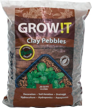 10-liter bag of GROW!T clay pebbles for hydroponics, featuring brown packaging and a basil plant in the display.