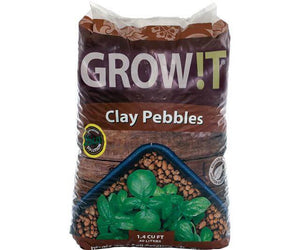 A 40-liter bag of brown Grow!t clay pebbles showing a cutout window with green basil plants growing in the media.