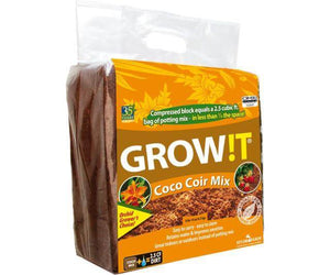 Compressed block of Grow!t Coco Coir Mix in orange packaging with carry handle. 2.5 cubic feet expansion capacity.