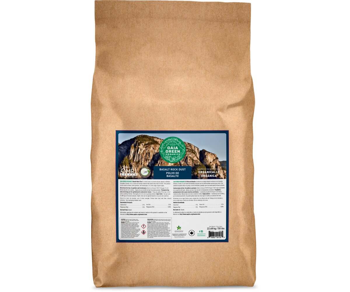 50lb brown paper bag of Gaia Green Basalt Rock Dust with product information label and OMRI certification logo.