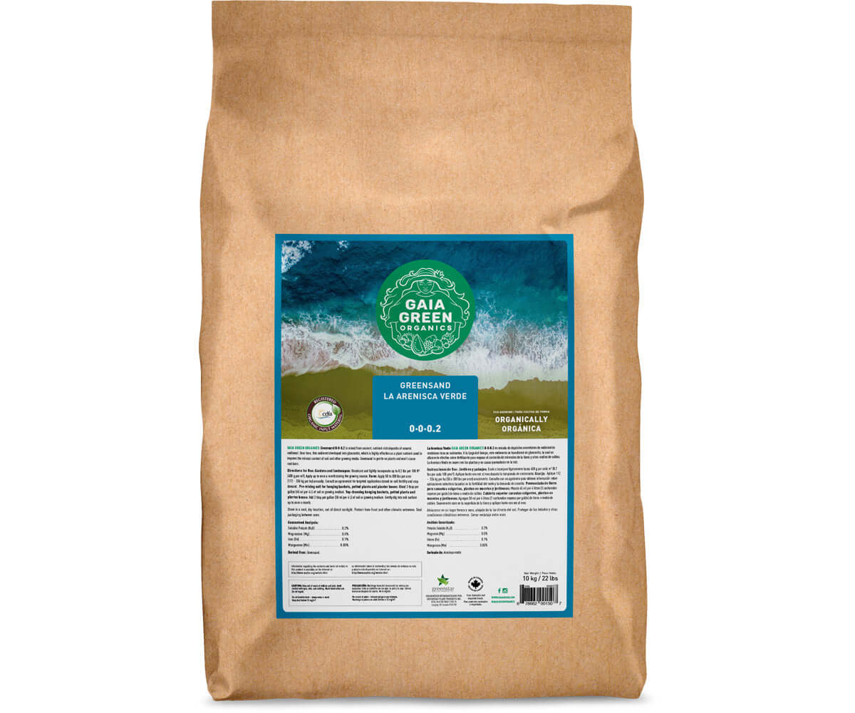 10kg brown paper bag of Gaia Green Greensand with a label featuring ocean waves and usage instructions.