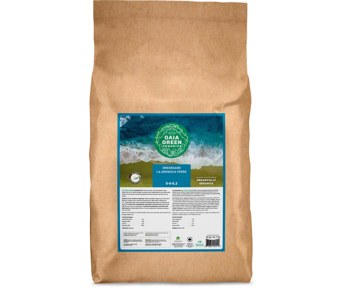 20kg brown paper bag of Gaia Green Greensand with a blue ocean label and product information.