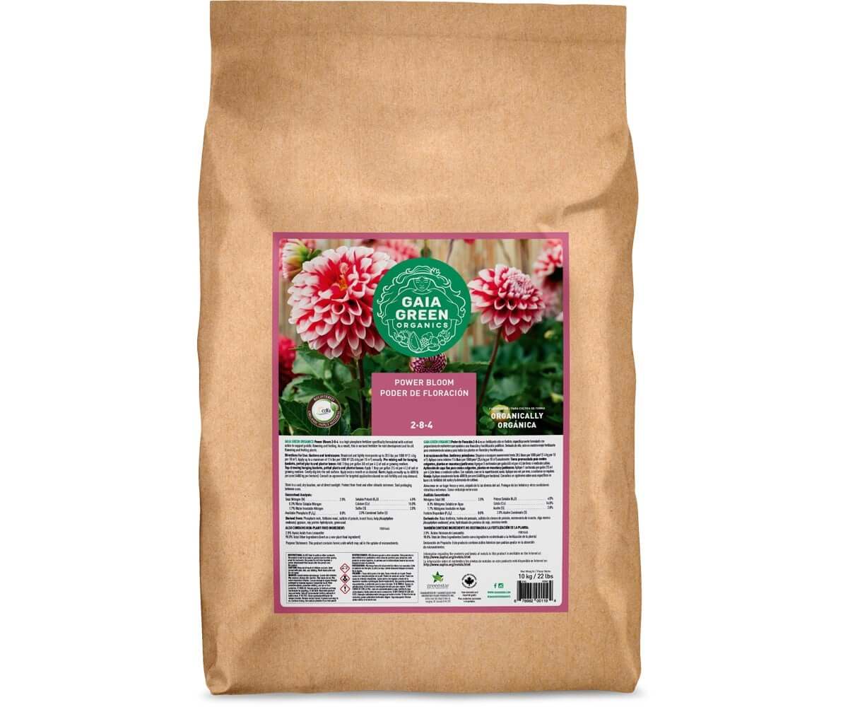 22lb brown paper bag of Gaia Green Power Bloom fertilizer, featuring a label with pink dahlias and 2-8-4 NPK ratio.