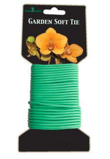 Coiled green garden soft tie on a branded retail display card with an orange orchid graphic.