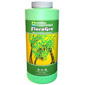 Front view of a pint bottle of General Hydroponics FloraGro nutrient with green and yellow label.