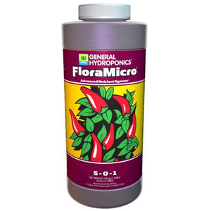 473ml bottle of General Hydroponics FloraMicro nutrient liquid with a chili pepper illustration on a yellow label.