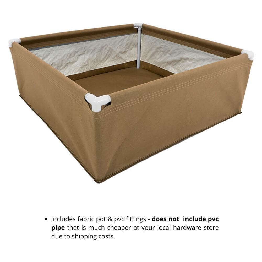 Tan fabric bed with white PVC corner connectors for a DIY grow tray, viewed from a high angle.