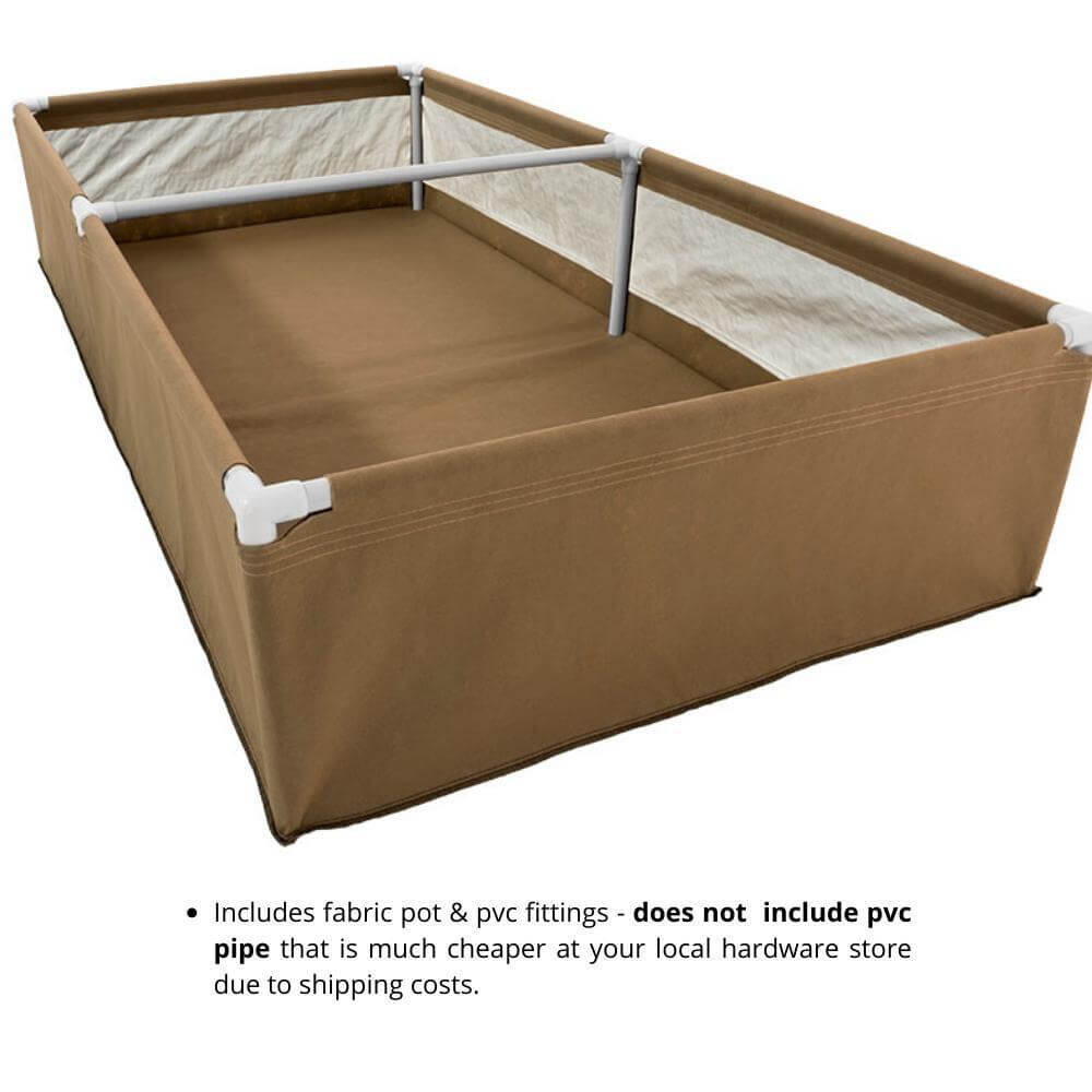 Brown rectangular fabric raised garden bed frame with white PVC corner and cross-bar connector fittings.