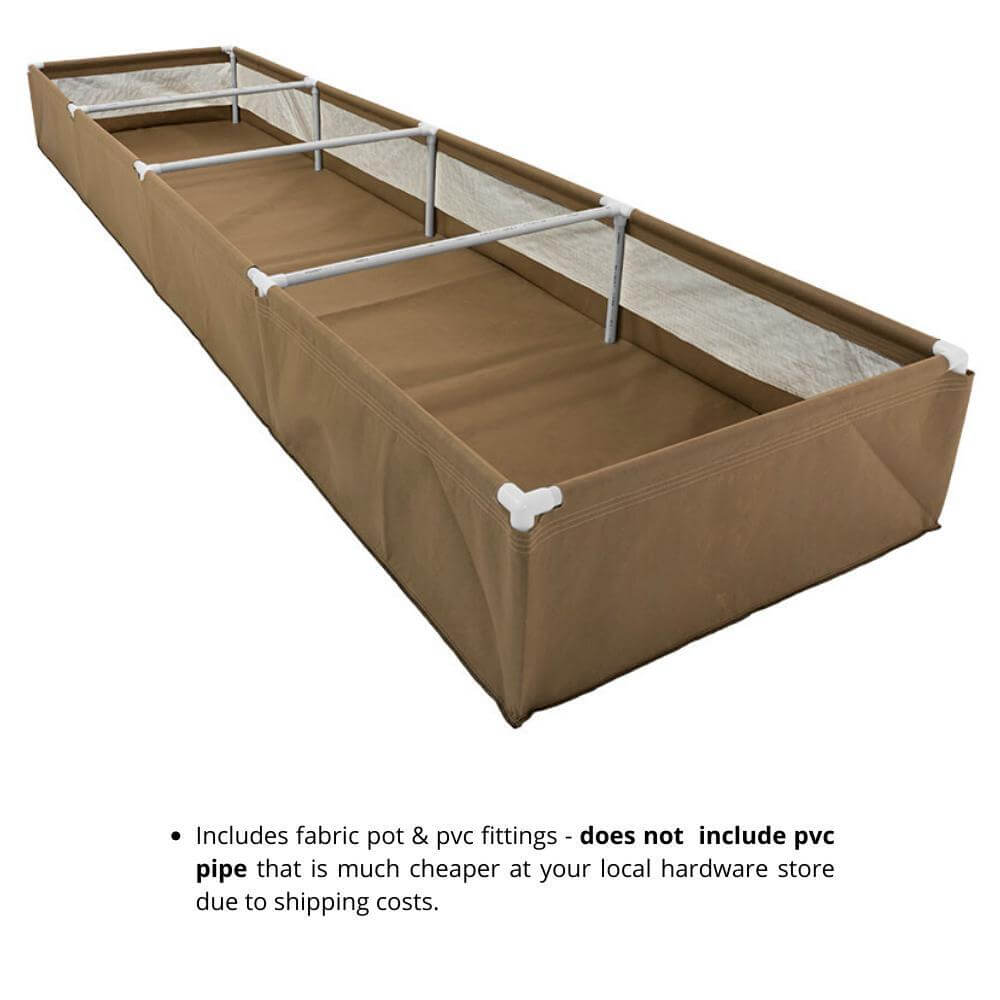 Long, rectangular brown fabric garden bed frame with white plastic PVC corner and cross-bar fittings.